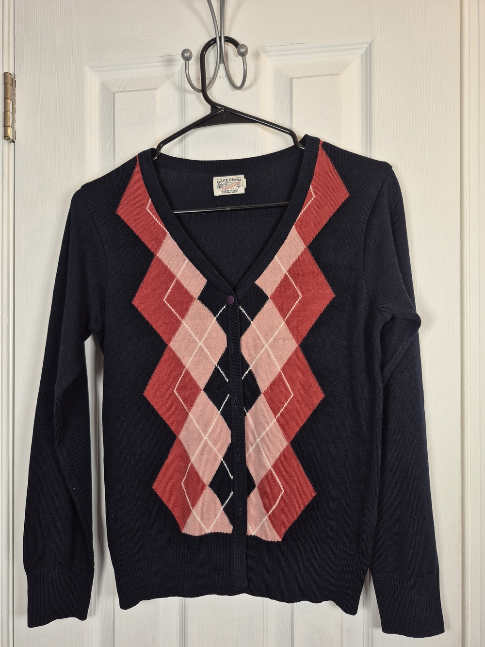 Bare Denim Argyle V-Neck Cardigan Sweater M Navy Red Pink Preppy Academia Knit